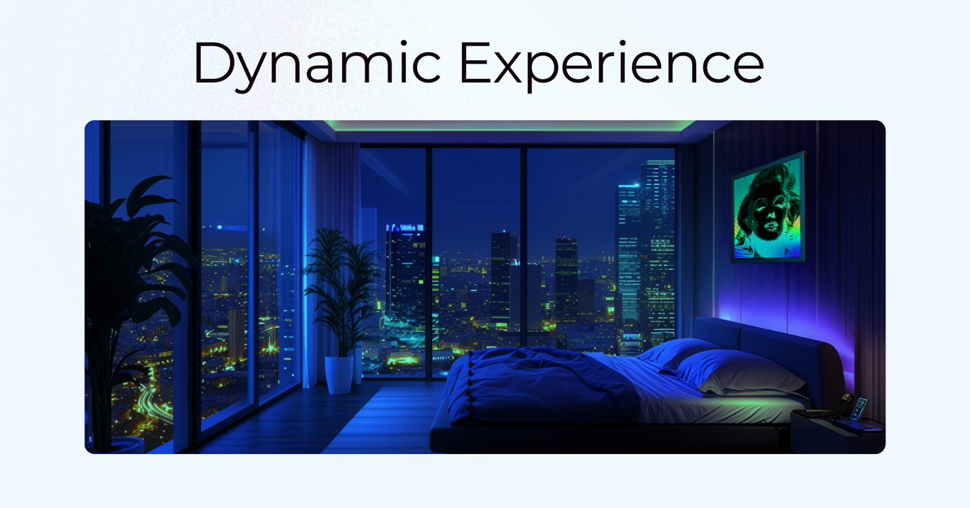Modern bedroom with cityscape view at night, featuring a large framed illuminated art above bed.  Blue cove ceiling with dazzling changing colors. 142+ presets or custom — a symphony of lights.