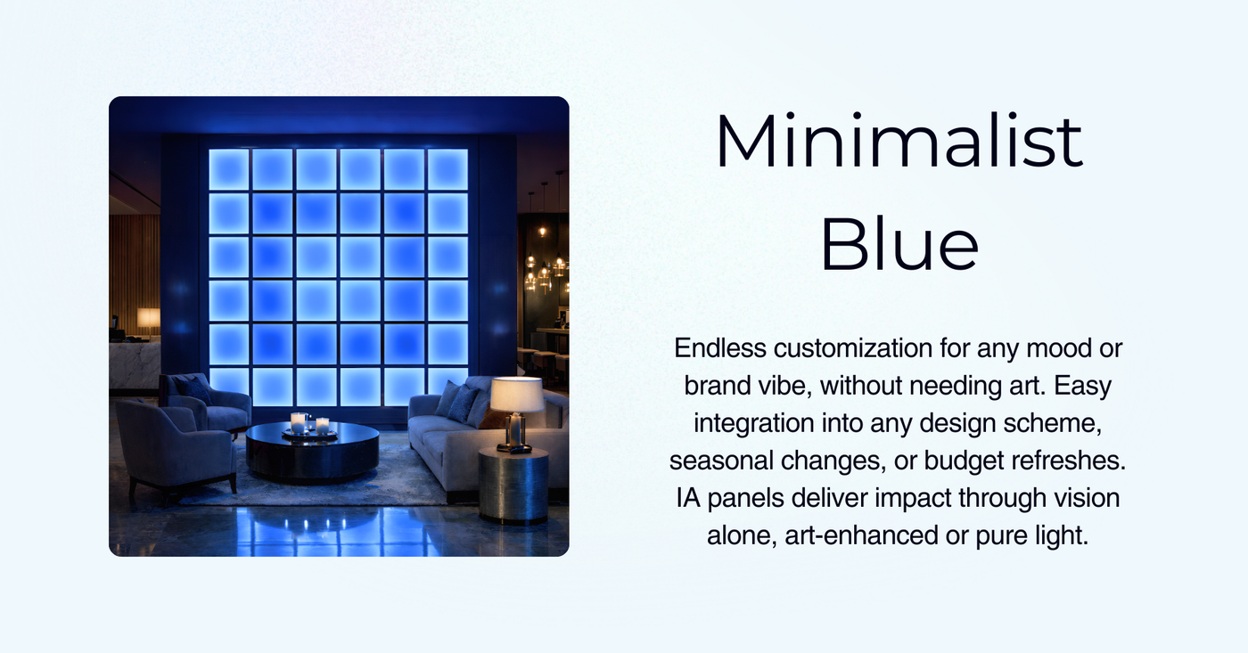 Hotel lobby, with stunning blue light display, minimalist minimalist blue theme.  Pure light, no art — endless customization for seasonal changes, budget refreshes, and any design scheme.