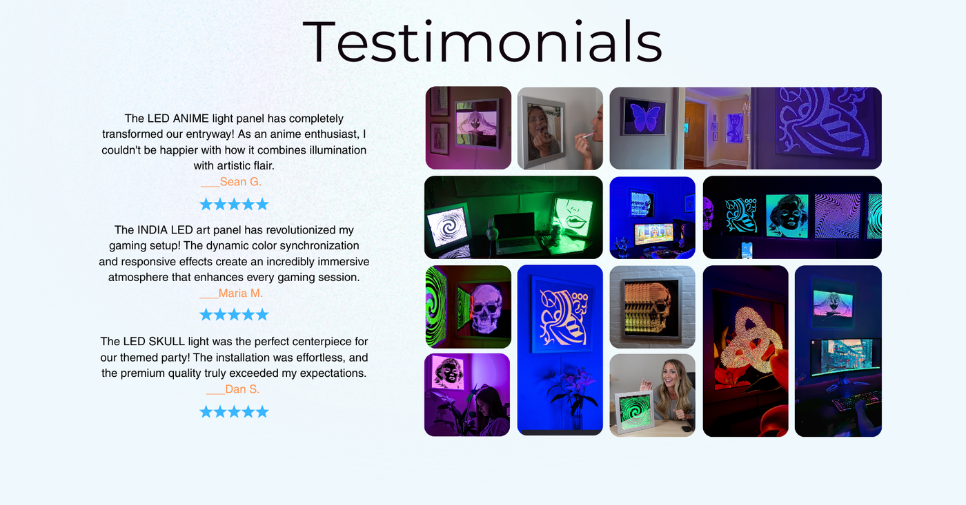 Collage of image on the testimonial section with Led light panel and 5 star reviews. 