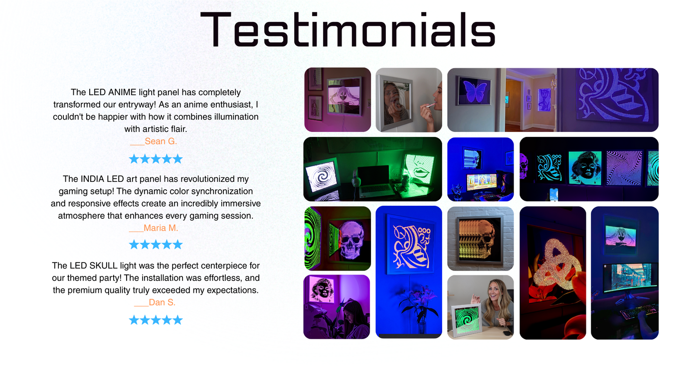 Collage of image on the testimonial page with 5 star reviews.